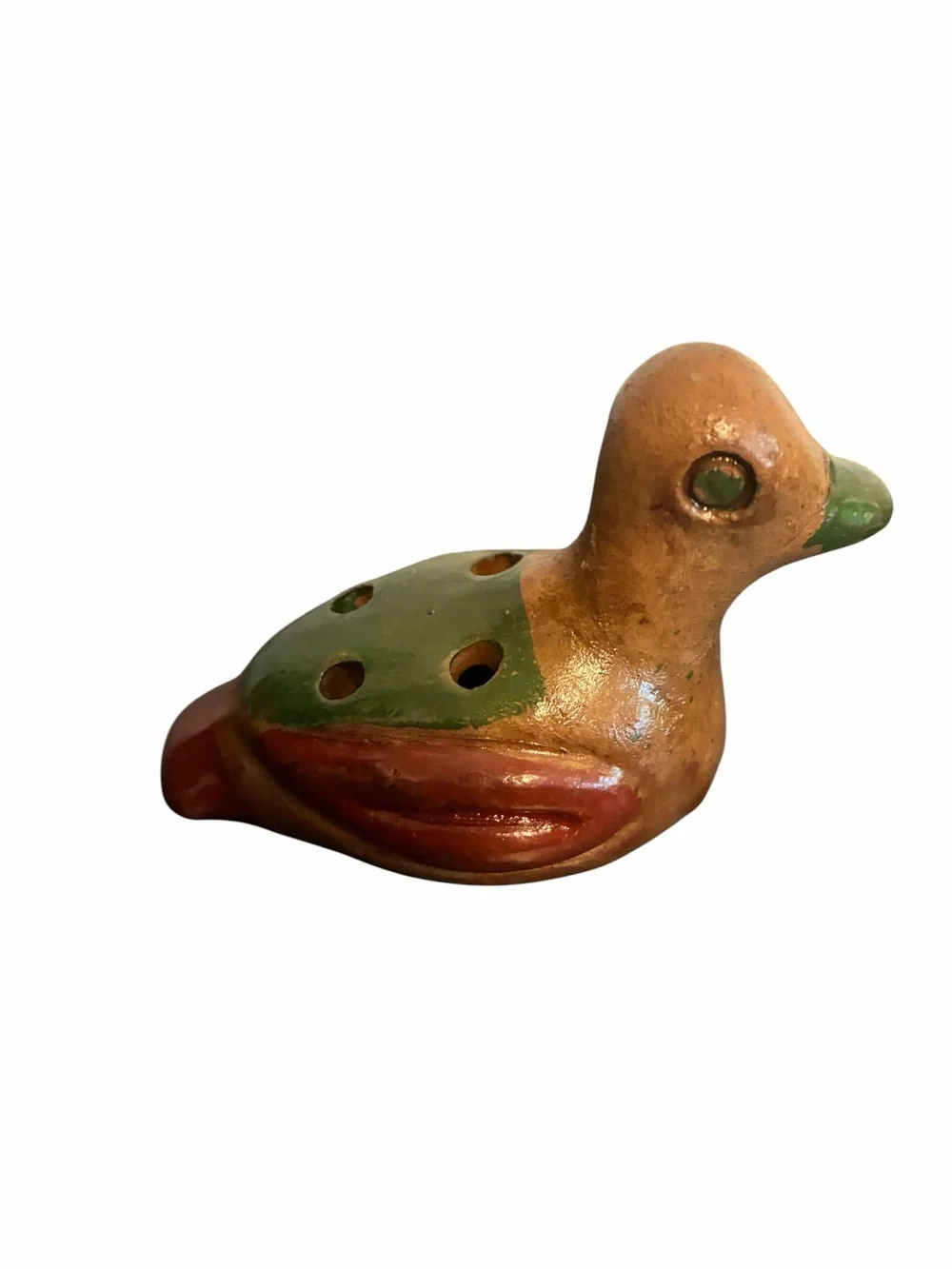 Mexican Folk Art Clay Duck Whistle Hand Painted Pottery Figurine Mexico Vintage